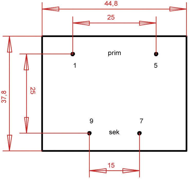 Rechteckiges Diagramm mit vier markierten Punkten, nummeriert 1, 5, 7, 9. Maße: 44,8 x 37,8 Einheiten. Beschriftungen: 'prim' oben, 'sek' unten.