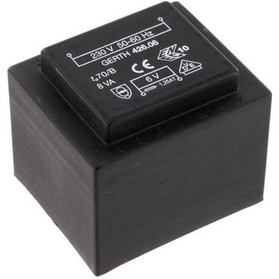 Schwarzer Transformator mit Aufschrift '230 V 50-60 Hz', Modellnummer, elektrischen Spezifikationen und Zertifizierungssymbolen.