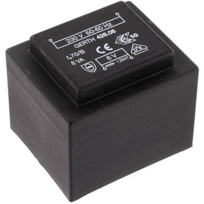 Schwarzer Transformator mit Aufdruck: '230 V 50-60 Hz', Modell 'GERTH 426.06', 8 VA, Symbole für Sicherheit und Zertifizierung.