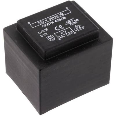 Ein schwarzer Transformator mit Aufschrift zeigt technische Spezifikationen wie '230 V 50-60 HZ', Modellnummer 'GERTH 426.06' und '8 VA'.