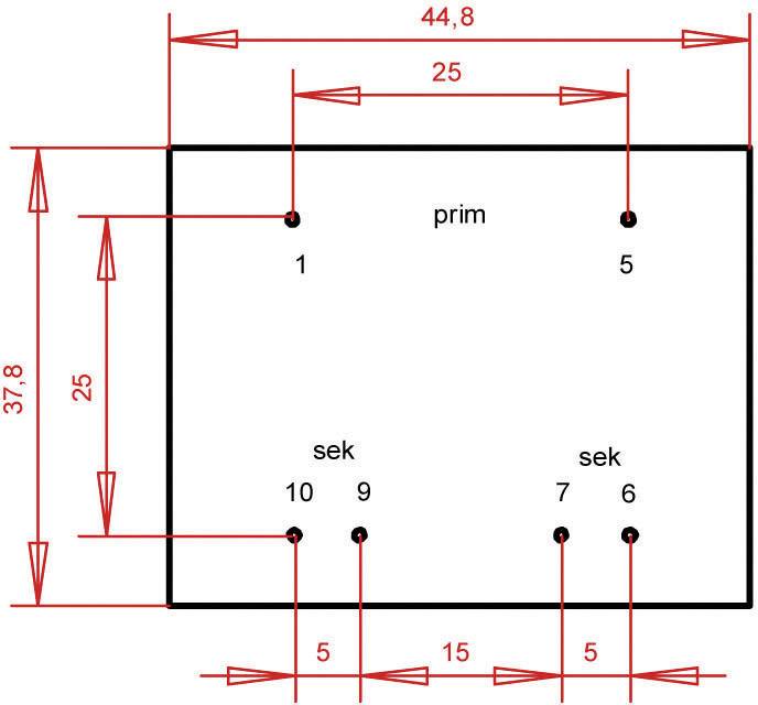 'Schaltplan mit primären und sekundären Anschlüssen. Maße: 44,8x37,8 cm. Abstand primär: 25 cm; sekundär: 5 cm, 15 cm, 5 cm.'