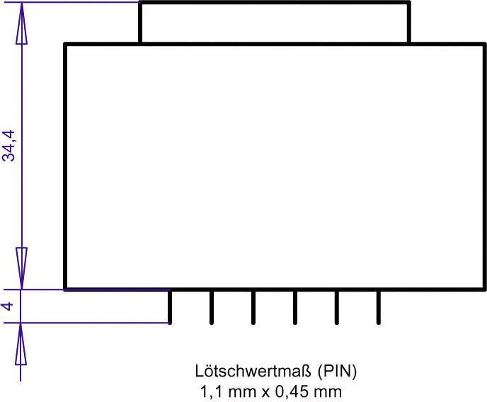 Rechteckiger technischer Zeichnungsplan mit Maßen: Breite 34,4 mm, Höhe 4 mm, Pin-Bereich 1,1 mm x 0,45 mm.