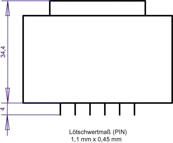 'Diagramm eines elektronischen Bauteils mit Lötwertmaß 1,1 mm x 0,45 mm. Gesamthöhe: 34,4 mm. Proportionen und Stiftanordnung dargestellt.'