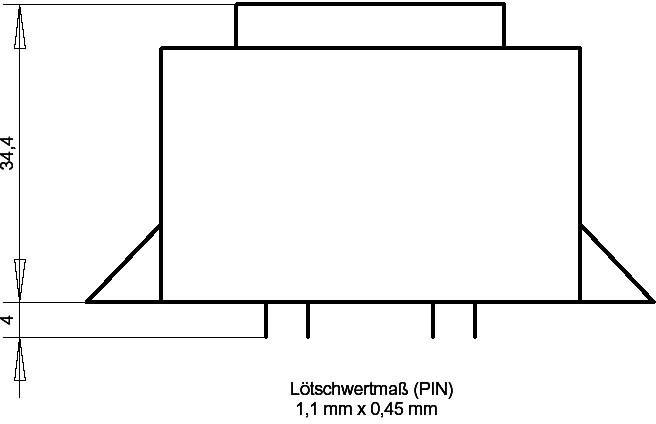 Technische Zeichnung zeigt ein rechteckiges Bauteil mit Maßen 34,4 mm Höhe und 4 mm Breite. Lötschwertmaß (PIN): 1,1 mm x 0,45 mm.