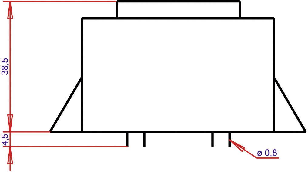 Technische Zeichnung eines rechteckigen Bauteils mit Seitenflügeln, Längenangaben: Höhe 38,5 mm, Breite unten 4,5 mm, Durchmesser 0,8 mm.