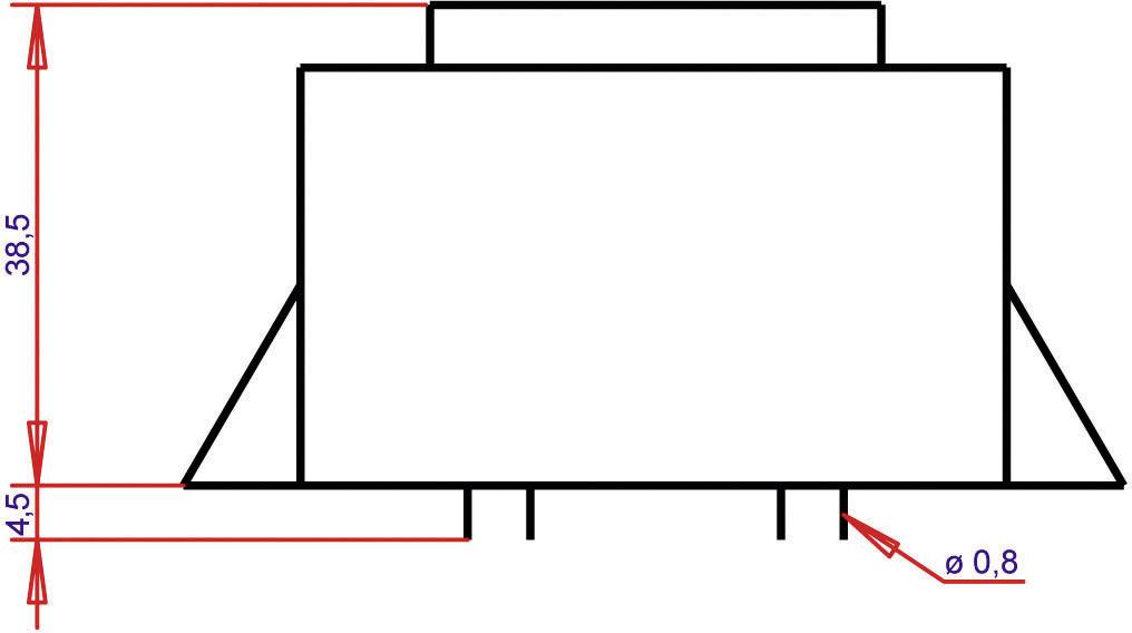 Technische Zeichnung eines Bauteils mit Maßen: Höhe 38,5 mm, Breite 4,5 mm, Öffnung Ø0,8 mm, schräge Seitenteile.