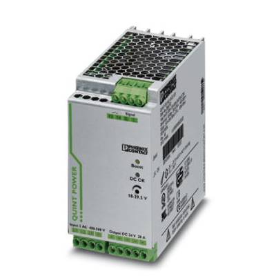 Ein weißes Schaltnetzteil mit grünen Anschlussklemmen und schwarzem Gitteroberteil zur Stromversorgung in industriellen Anwendungen.