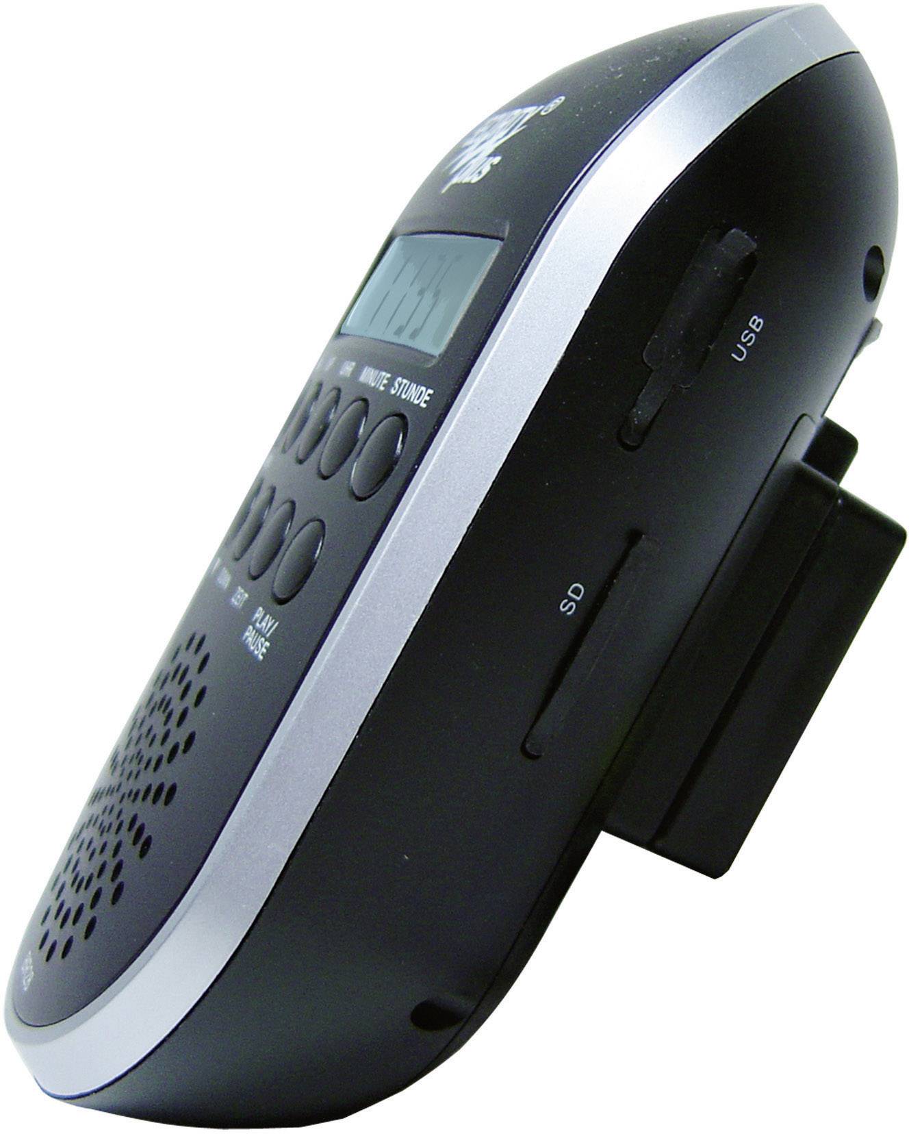 Ein tragbares Radio mit Lautsprecher, Tasten zur Steuerung, SD-Kartensteckplatz und USB-Anschluss. Ideal für unterwegs.