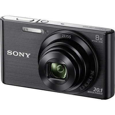 Digitalkamera mit 8-fach optischem Zoom, 20,1 Megapixeln, Carl Zeiss-Objektiv, schwarzes Gehäuse, Marke Sony.