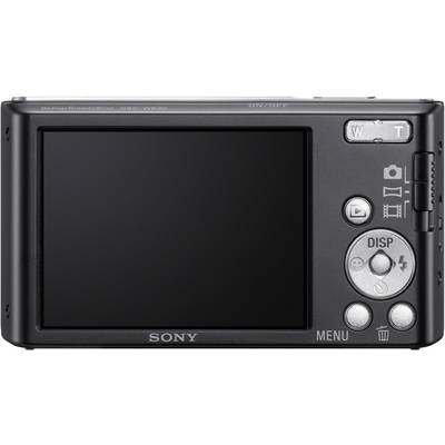 Eine schwarze Digitalkamera mit großem Display auf der Rückseite und mehreren Steuerungstasten. Marke 'Sony'.