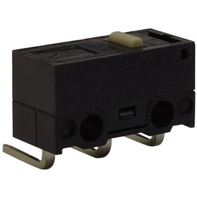 Ein schwarzer Mikroschalter mit zwei runden Steckanschlüssen und einem weißen Druckknopf oben, typisch für elektronische Geräte.