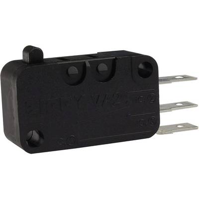 Schwarz-grauer Mikroschalter mit drei Metallanschlüssen, seitliche Montagehalterungen sichtbar. Verwendet für elektronische Schaltungen.
