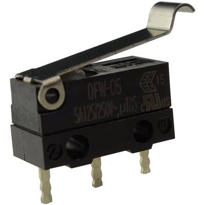 Ein Hebelendschalter mit drei Metallstiften und einer gebogenen Hebelzunge, beschriftet mit 'DFW-05 5A125/250VAC'.