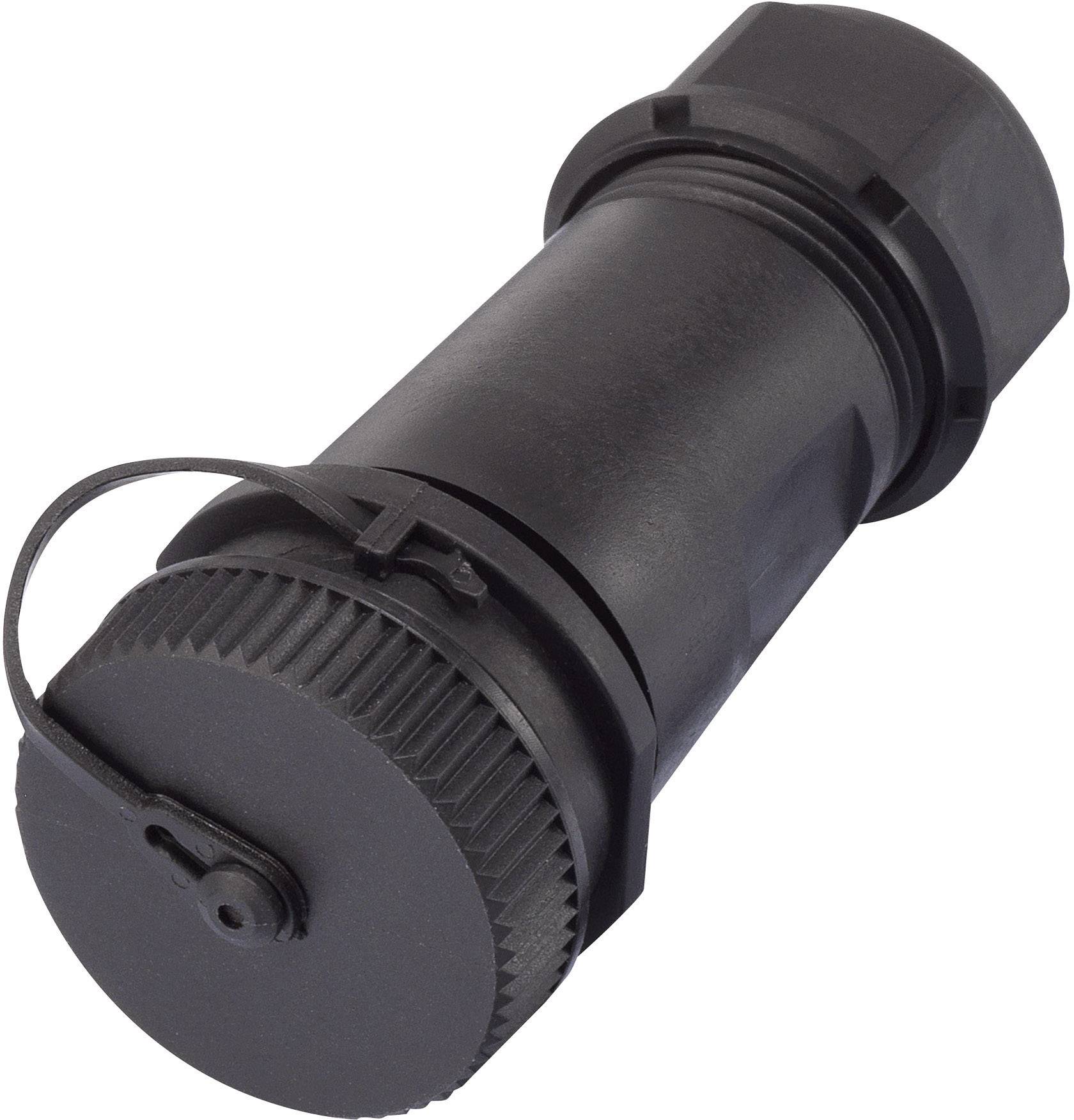 Ein schwarzer zylindrischer Adapter mit geriffeltem Ende und abnehmbarer Kappe, vermutlich ein technisches Gerät oder Zubehörteil.