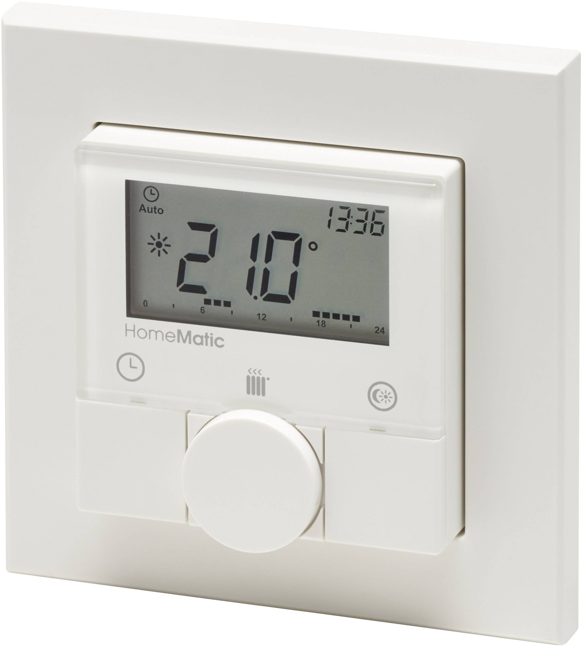 Ein weißes Wandthermostat mit Drehknopf zeigt '21,0 Grad' und eine Auto-Einstellung auf einem digitalen Display.