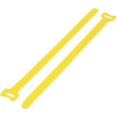 Zwei gelbe Kabelbinder aus Kunststoff in paralleler Anordnung auf weißem Hintergrund.