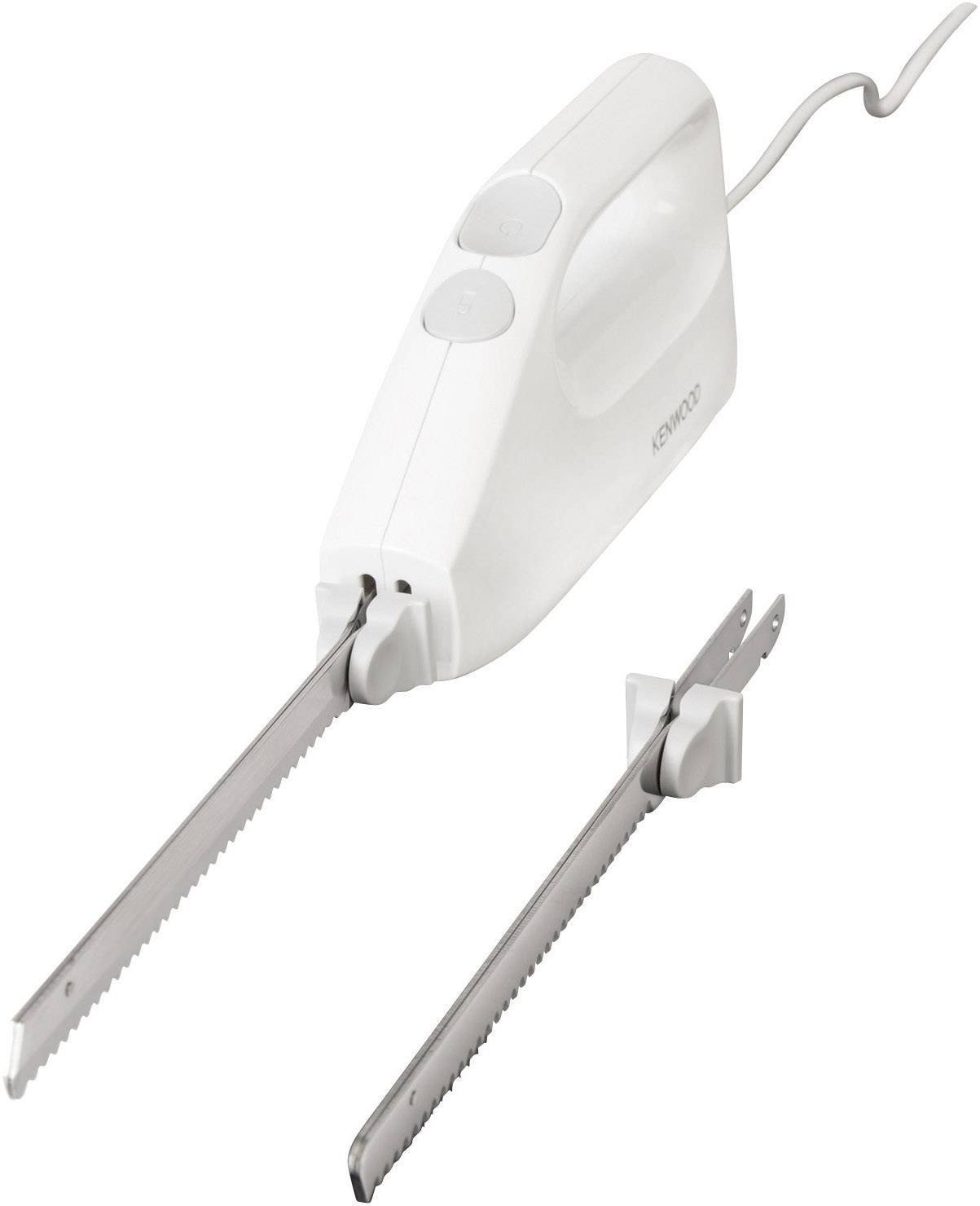 Elektrisches Küchenmesser mit weißem Griff, zwei Tasten und zwei gezackten Klingen, die separat positioniert sind.