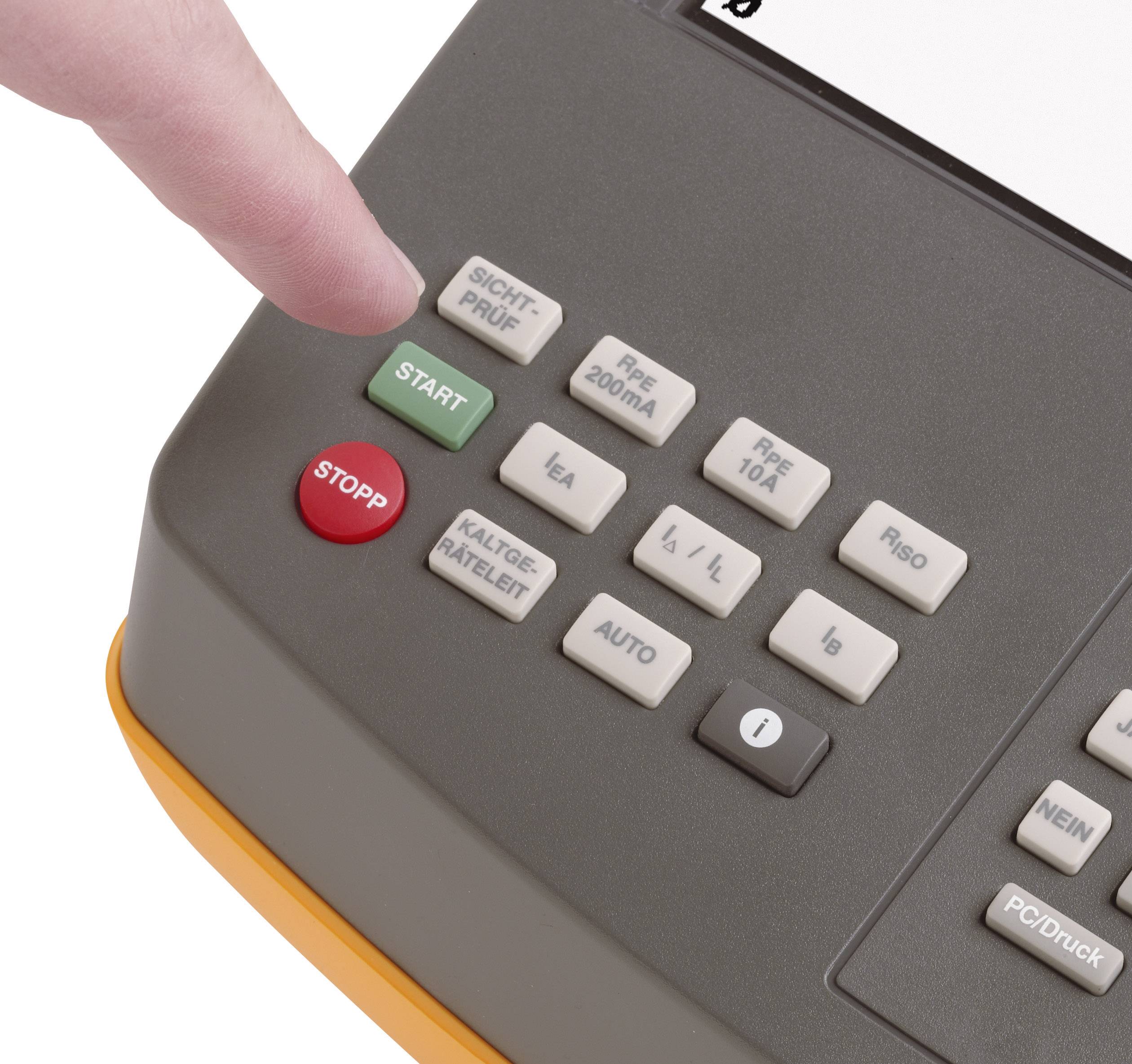 Ein Finger drückt die grüne 'START'-Taste an einem elektronischen Gerät, daneben eine rote 'STOPP'-Taste und mehrere Funktionstasten.