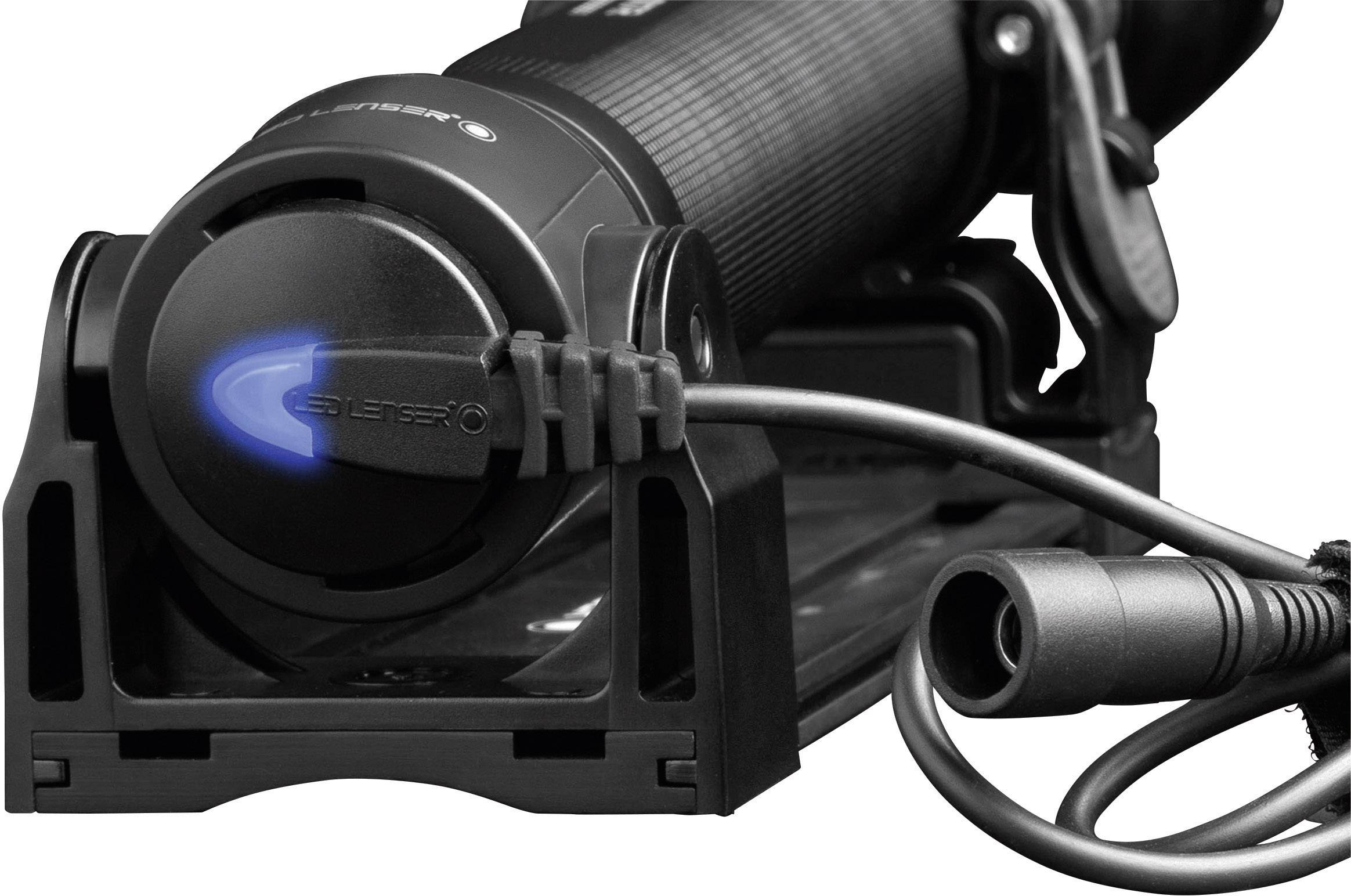 Eine tragbare Elektrikergabel mit schwarzem Gehäuse und blauem Licht, verbunden mit einem Kabel, montiert auf einem Ständer.