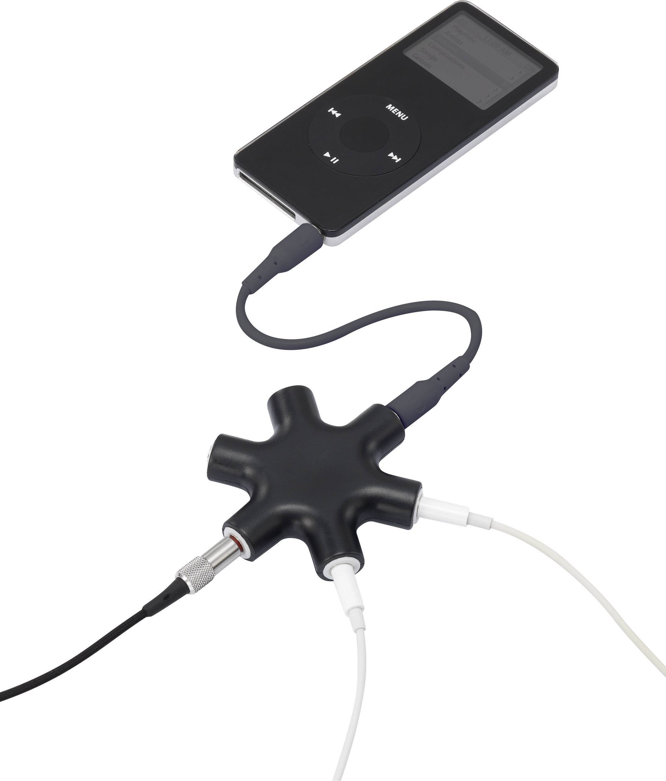 Ein schwarzer MP3-Player ist über ein sternförmiges Audioteil mit mehreren Kopfhörern verbunden.