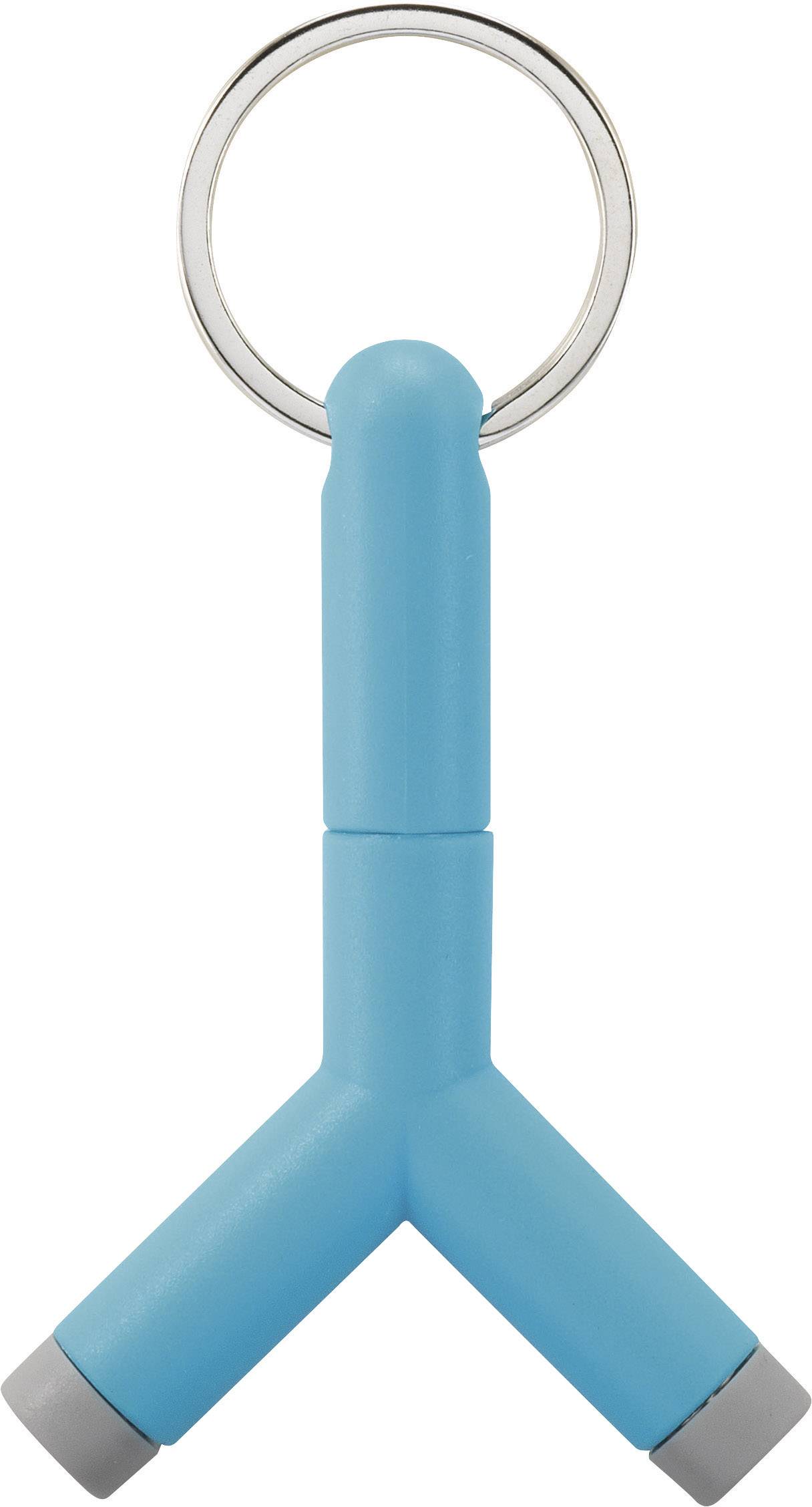 Ein blauer, Y-förmiger Schlüsselanhänger mit drei Adapteranschlüssen an den Enden, geeignet für mobile Geräte.
