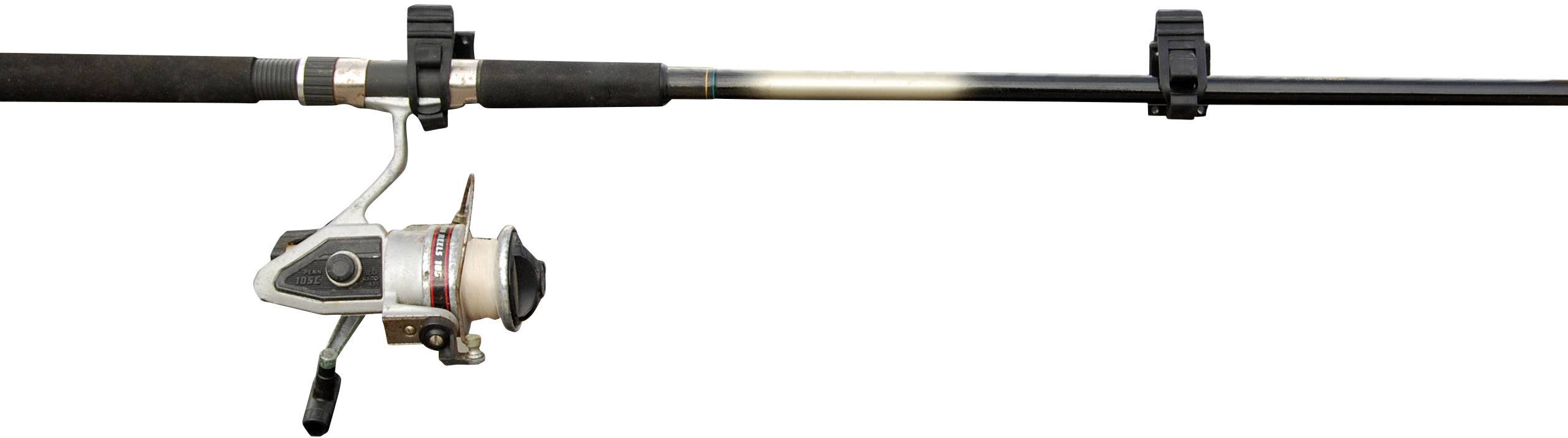 Angelrute mit Spinnrolle in Nahaufnahme; schwarzer Griff, silberne Rolle und schwarz-weißer Stab.