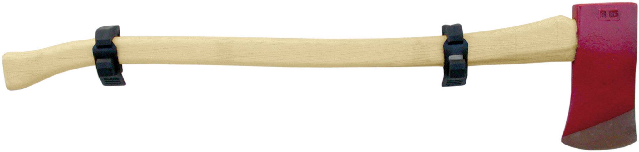 Eine Axt mit einem Holzstiel und einer roten Klinge, montiert mit zwei schwarzen Halterungen.
