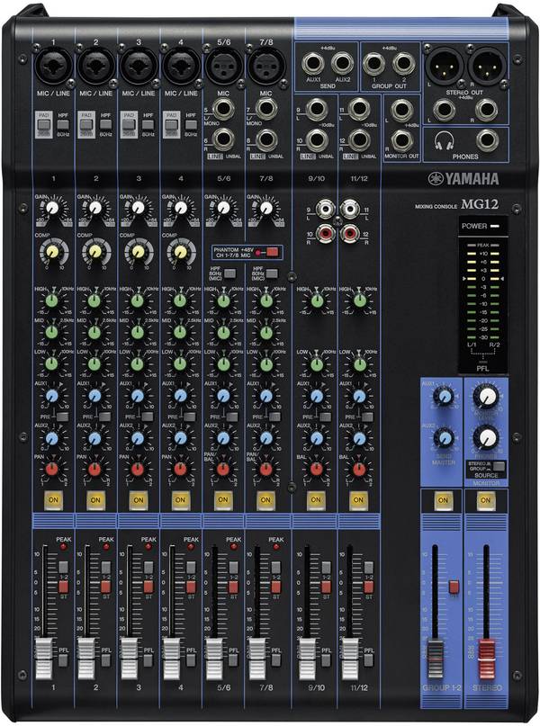YAMAHA MG12 - 12-Kanal Mischpult Konsole (6 Mic-In | 12 Line-In | 2 Group Busse | 1 Stereo Bus | 2 AUX | Metallgehäuse)