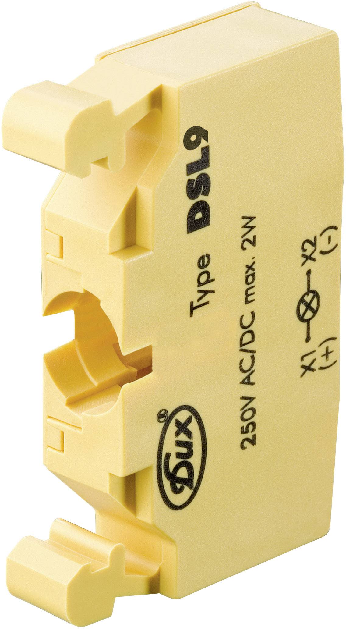 Relais-Modul, Typ DSL9, gelb. Aufschrift: '250V AC/DC max. 2W'. Klemmanschlüsse sichtbar, geeignet für elektrische Anwendungen.