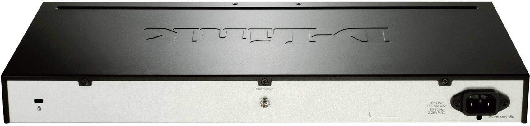 Ein schwarzer D-Link Netzwerk-Switch von oben betrachtet. Auf der Oberseite ist das D-Link-Logo zu sehen. Rückseite zeigt Stromanschluss.