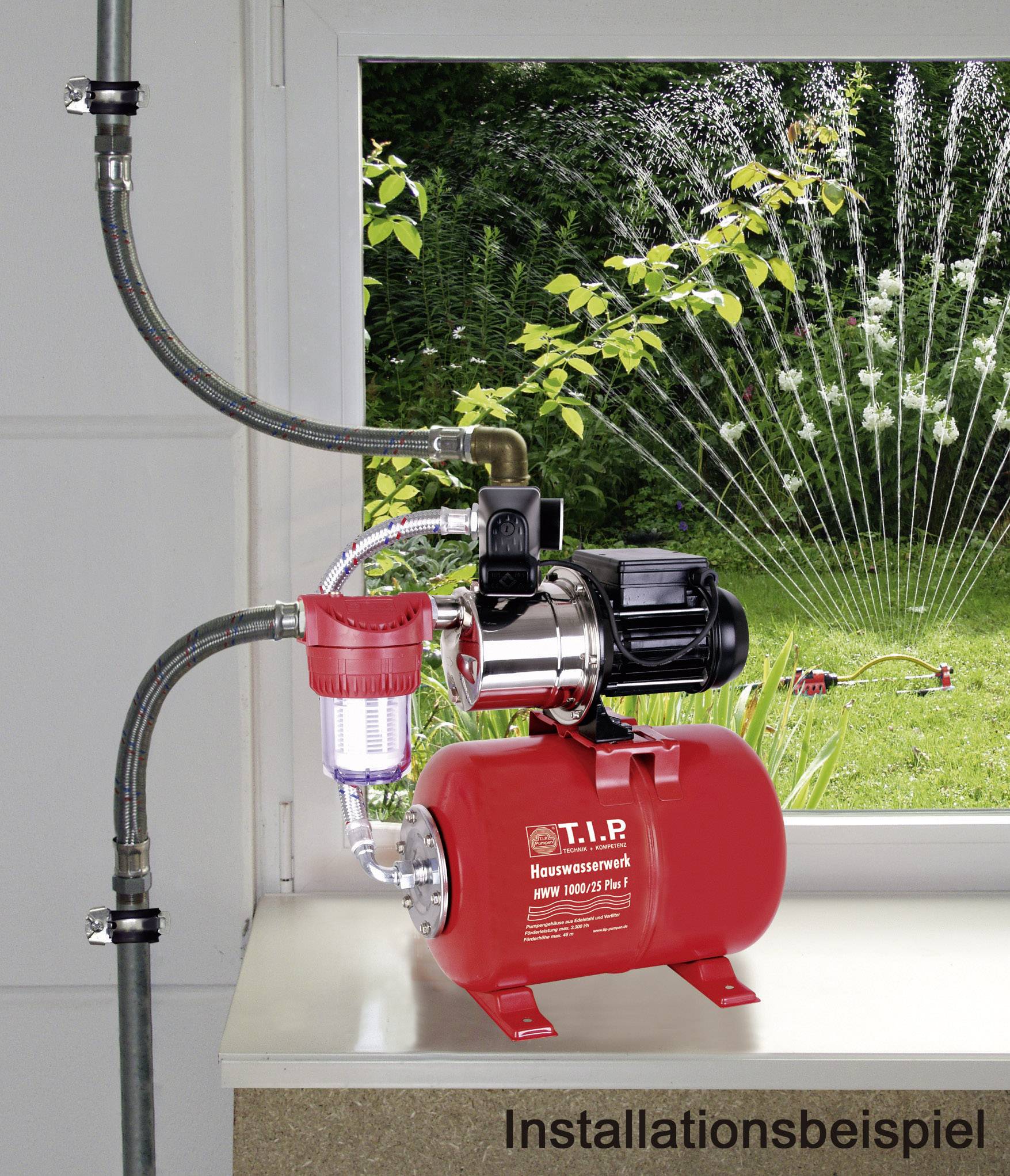 Ein rotes Hauswasserwerk pumpt Wasser in einen Garten. Ein Rasensprenger bewässert grüne Pflanzen durch ein Fenster. Text: 'Installationsbeispiel'.