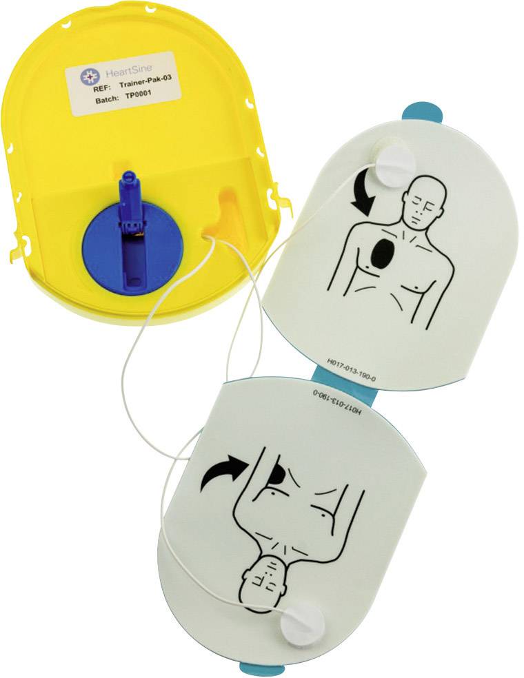 Defibrillator-Pads mit Abbildungen zur Platzierung auf der Brust eines Patienten.