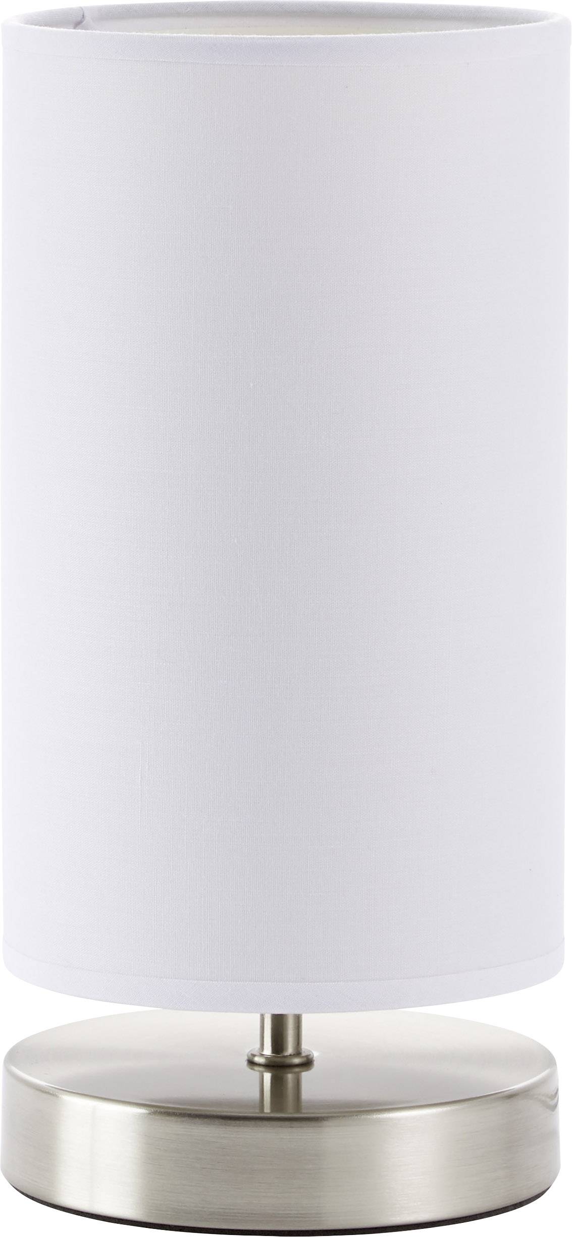 Weiße Tischlampe mit zylindrischem Schirm und runder, silberner Metallbasis.