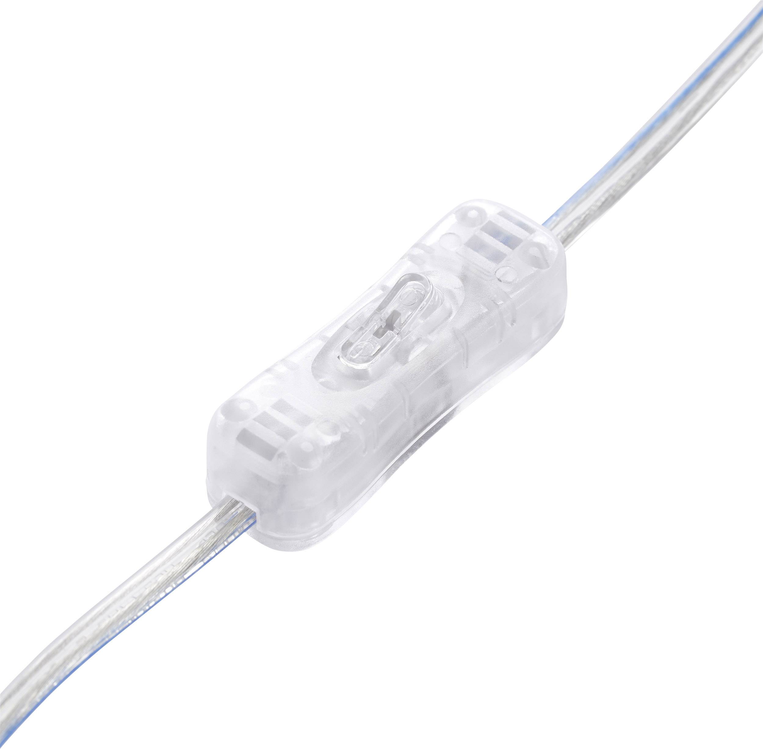 Ein transparentes Inline-Kabelverbinder-Gehäuse mit einem blauen Kabel.