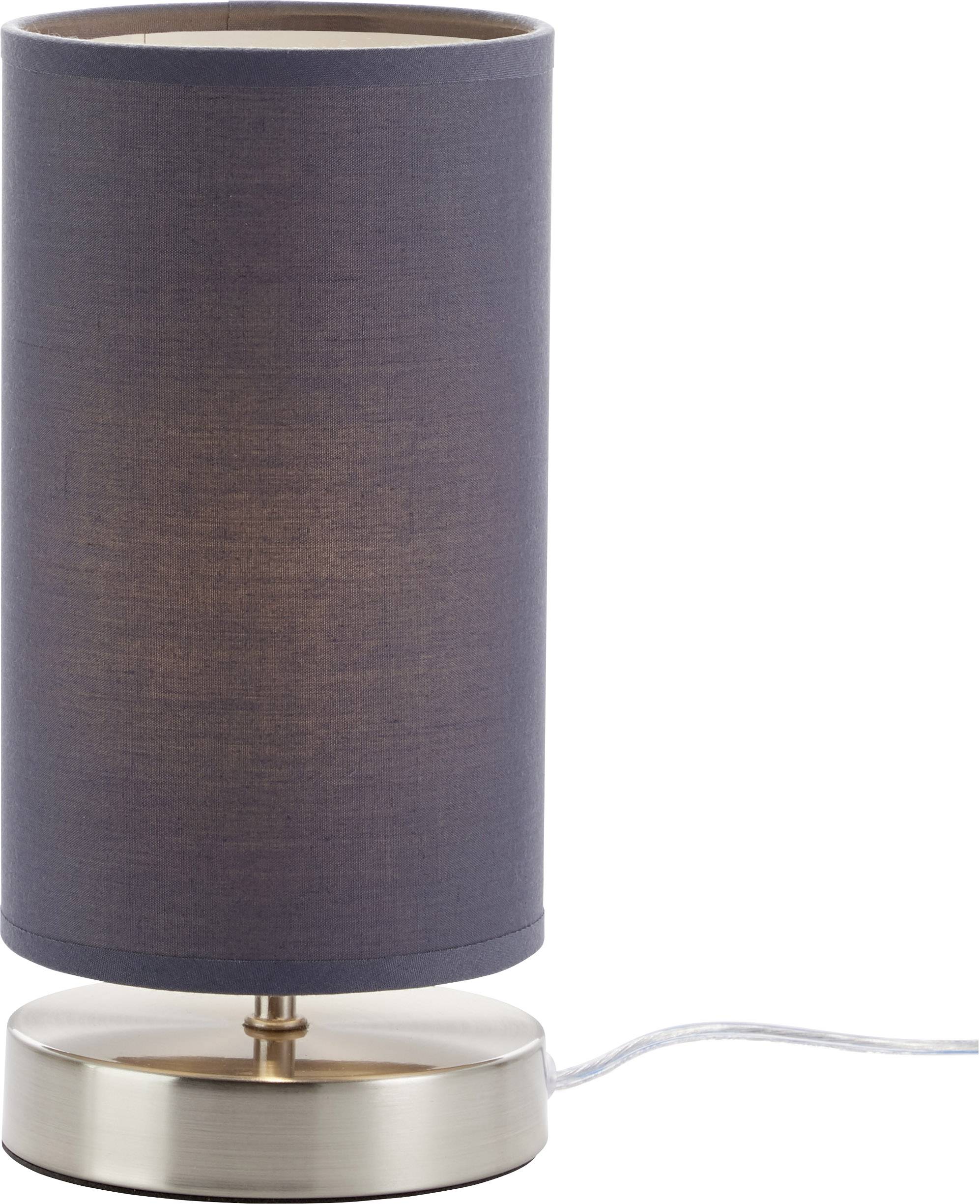 Schwarze Tischlampe mit zylindrischem Schirm und runder Metallbasis. Stromkabel sichtbar.