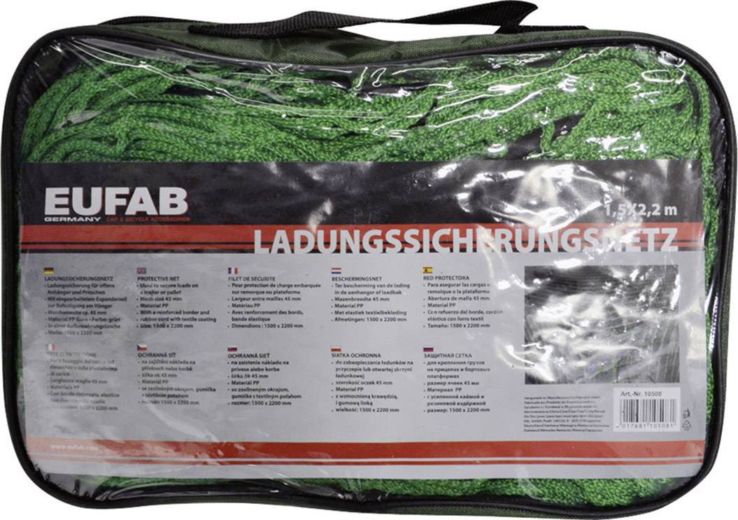 Verpackung eines grünen Ladungssicherungsnetzes von Eufab. Zeigt Netzdetails und Spezifikationen. Produkt zum Sichern von Fracht.