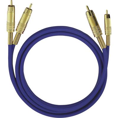 Ein blaues Audiokabel mit zwei goldfarbenen RCA-Steckern an jedem Ende, zum Verbinden von Audio-Komponenten.