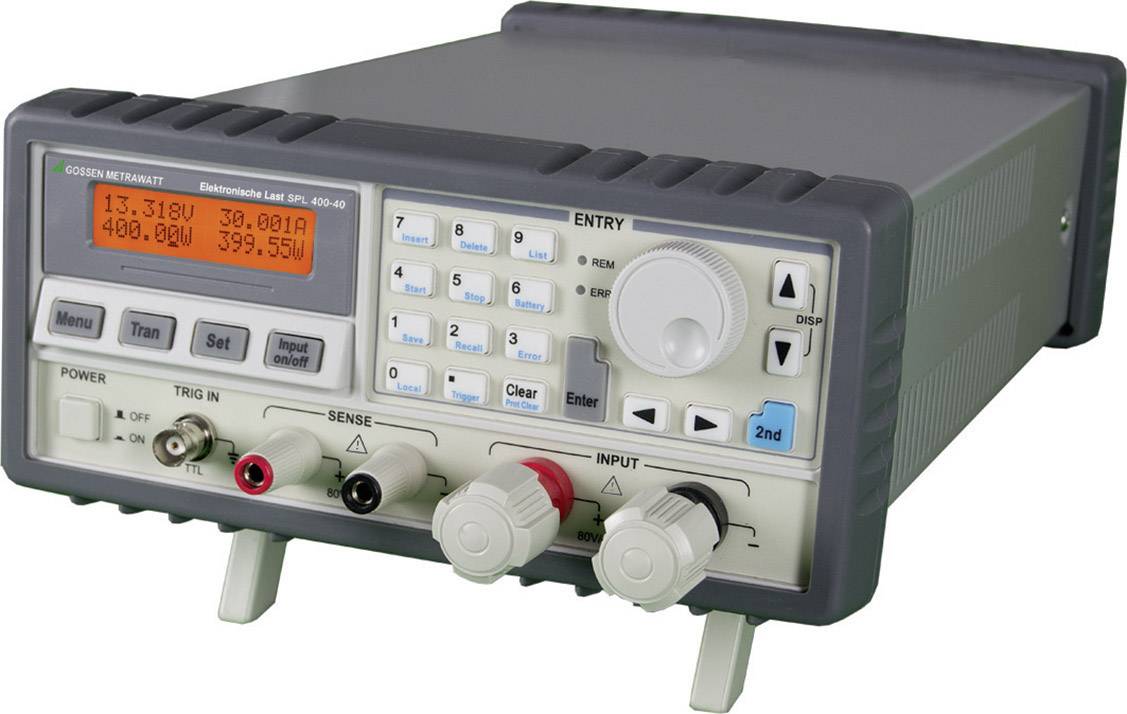 Elektronisches Lastgerät mit Digitalanzeige und Bedienfeld. Zeigt Messungen von Spannung 13,318V, Strom 30,081A und Leistung 399,5W.