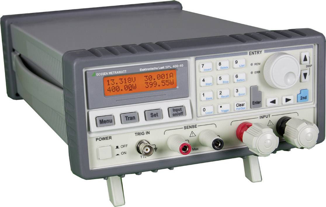 Ein graues elektronisches Messgerät mit Display zeigt '13.318V, 30.091A, 400.08W, 399.55W'. Es hat viele Knöpfe und Anschlüsse.
