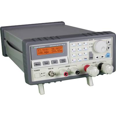 Ein graues elektronisches Messgerät mit Display zeigt '13.318V, 30.091A, 400.08W, 399.55W'. Es hat viele Knöpfe und Anschlüsse.