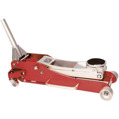 Roter hydraulischer Wagenheber auf Rädern. Hauptsächlich aus Metall, mit einem Hebel zum Anheben von Fahrzeugen.