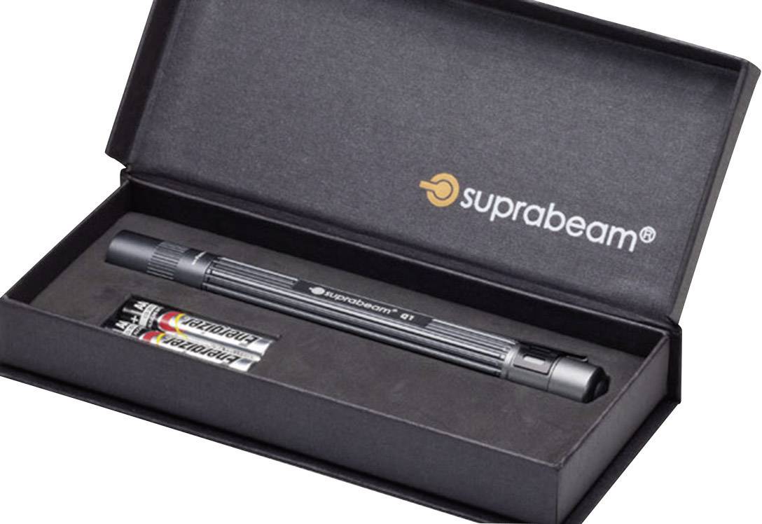 'Suprabeam' Stiftlampe in schwarzer Schachtel mit zwei Batterien, Innenaufdruck 'suprabeam'.