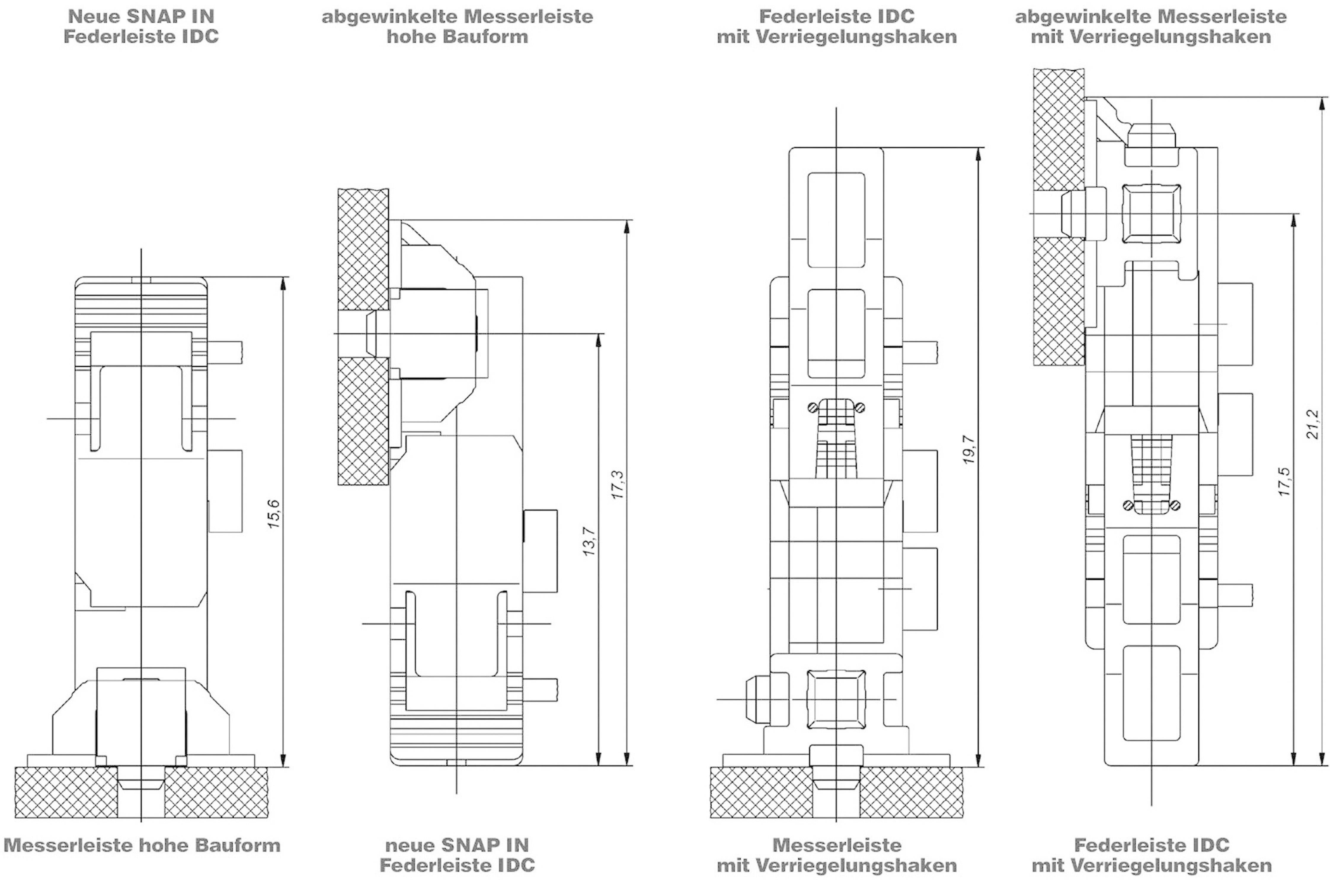Technische Zeichnungen von Steckverbindern: links sind mehrer Bauformen, rechts Details mit Abmessungen. Vergleich von Bauformen.