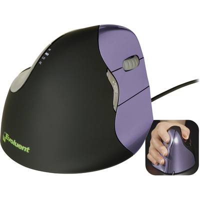 Eine ergonomische vertikale Maus in Lila, die für eine natürliche Handhaltung sorgt. Im kleinen Bild ist sie von einer Hand gehalten.