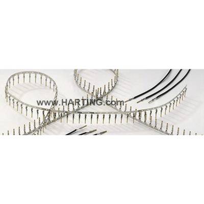 Elektrische Steckverbinder und Kabel zum Löten, auf einem Tisch arrangiert. Der Text 'www.HARTING.com' ist in der Mitte sichtbar.