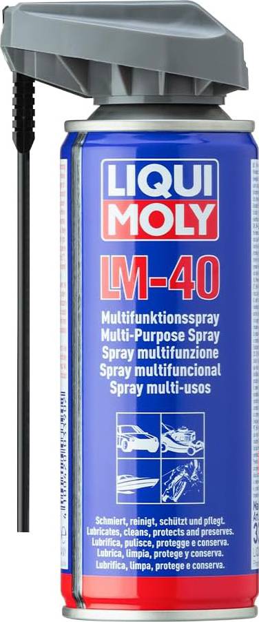 'Dose mit Flüssigkeit. Aufschrift: Liqui Moly LM-40, Multifunktionsspray, schmiert, reinigt, schützt und pflegt.'