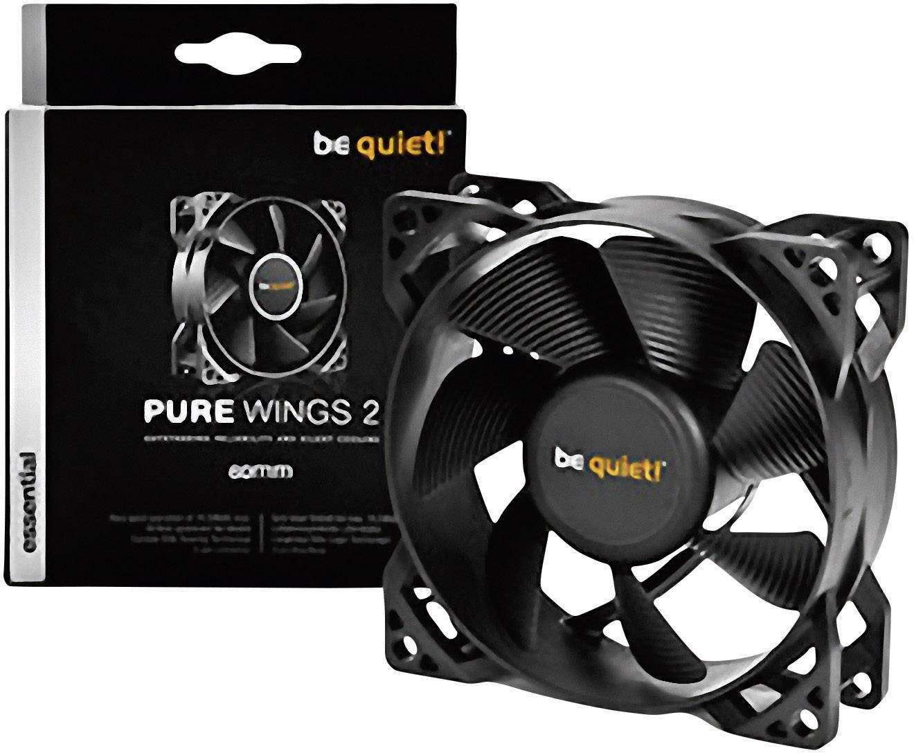 Ein schwarzer PC-Lüfter neben seiner Verpackung, die 'be quiet! Pure Wings 2' zeigt. Designed für leisen Betrieb und effiziente Kühlung.