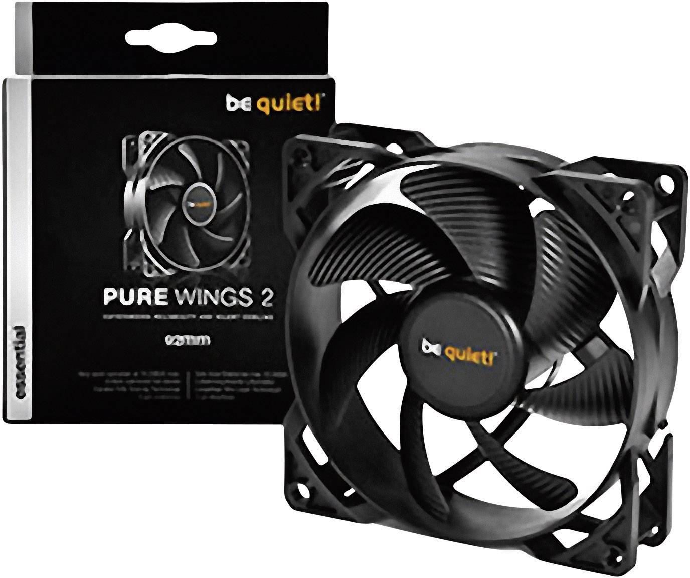 'Be Quiet! Pure Wings 2' PC-Lüfter in Schwarz, neben zugehöriger Verpackung. Hauptmerkmal: 120mm Größe, leiser Betrieb für Kühlung.