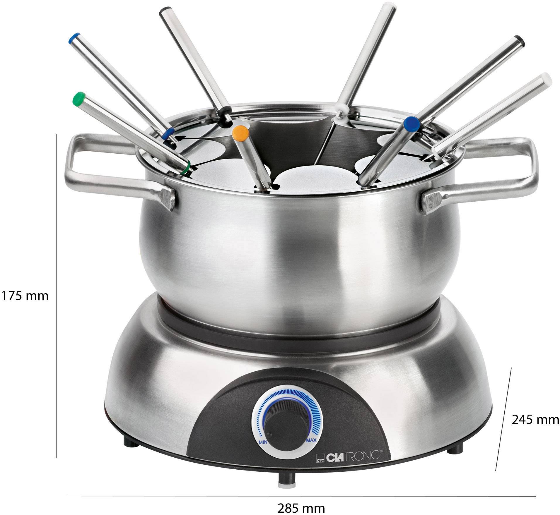 'Edelstahl-Fondue-Set mit sechs Gabeln in verschiedenen Farben. Topf mit zwei Griffen auf einem elektrischen Heizelement.'