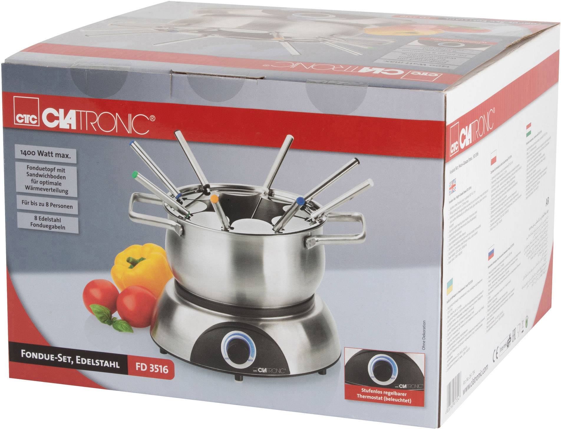 Fondue-Set von Clatronic, Modell FD 3516, abgebildet auf einer Verpackung. Enthält Fondue-Topf, acht Gabeln und Thermostat.